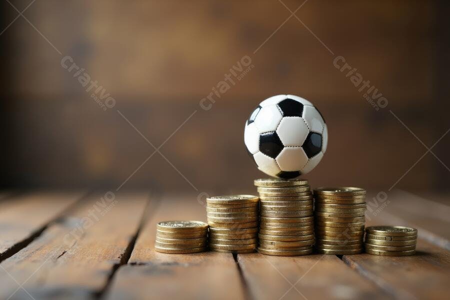 Foto Bola de Futebol sobre Pilhas de Moedas Fundo Madeira