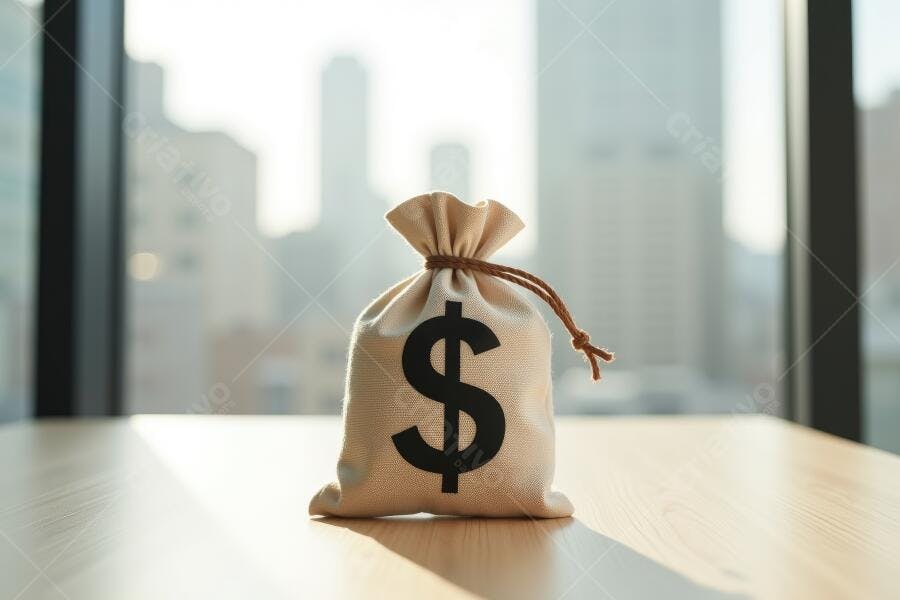 Foto Saco de Dinheiro Símbolo Dólar Mesa Escritório Corporativo