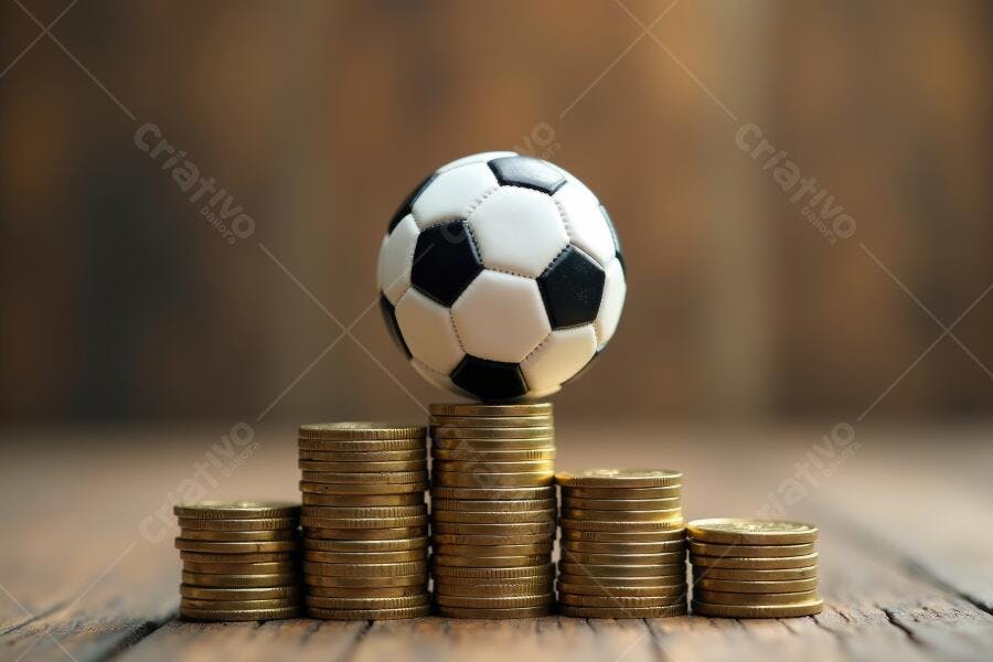 Foto Bola de Futebol Empilhada em Moedas de Ouro Fundo Madeira