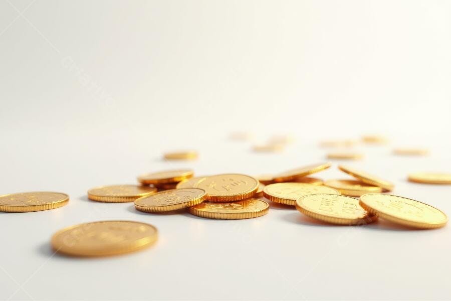 Foto Moedas Douradas Espalhadas Fundo Branco Minimalista