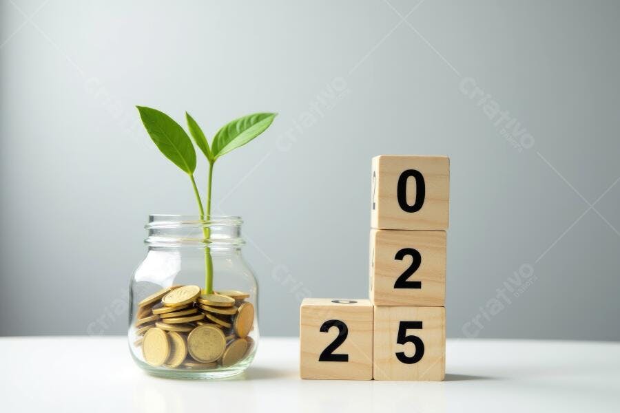 Foto Crescimento Financeiro Planta Moedas Pote Cubos 2025