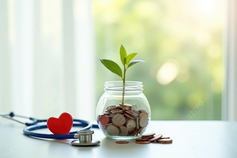 Foto Planta Crescendo Moedas Pote Estetoscópio Saúde Financeira