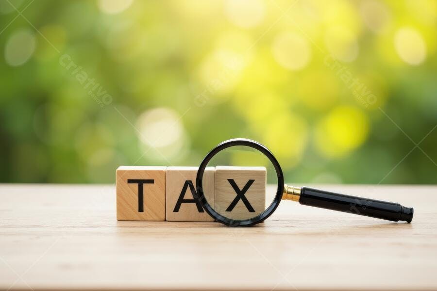 Foto Lupa Ampliando Palavra TAX Cubos de Madeira Contabilidade