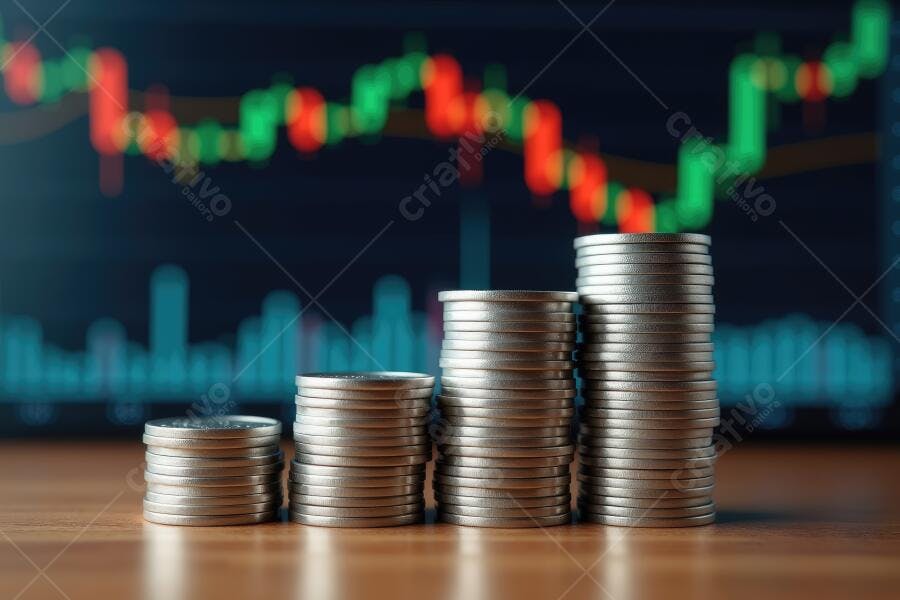 Foto Pilhas de Moedas Gráfico Financeiro Mercado de Ações