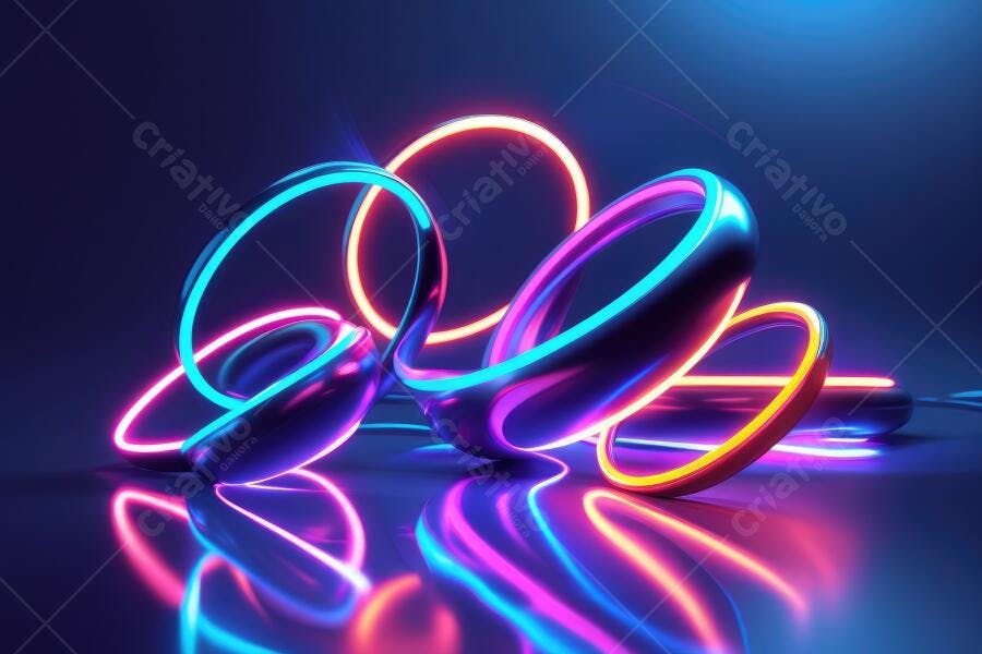 Foto Abstrata Anéis Neon Brilhantes Fundo Escuro Azul Roxo