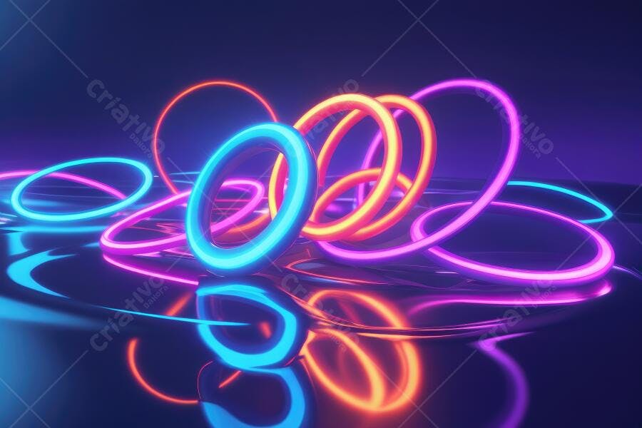 Foto Anéis Neon Brilhantes Abstratos Fundo Escuro Reflexivo