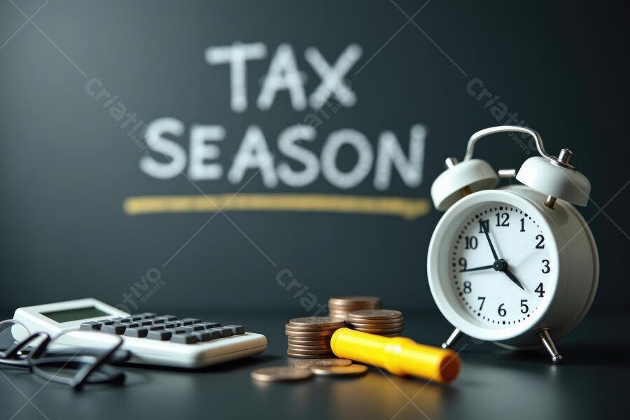 Foto Temporada de Impostos Calculadora Moedas Relógio Fundo Escuro