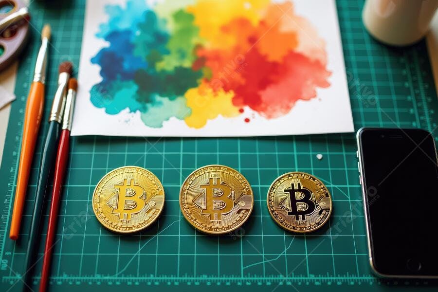 Foto Bitcoins e Pincéis com Aquarela Colorida Mesa Verde