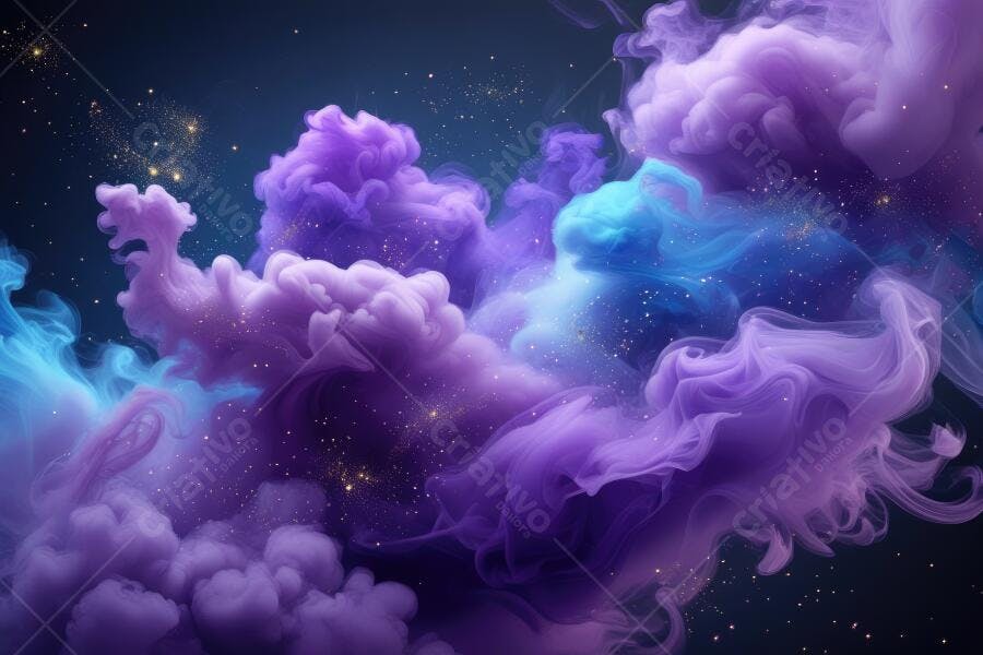 Fumaça Colorida Abstrata Roxa Azul Estrelas Fundo Escuro