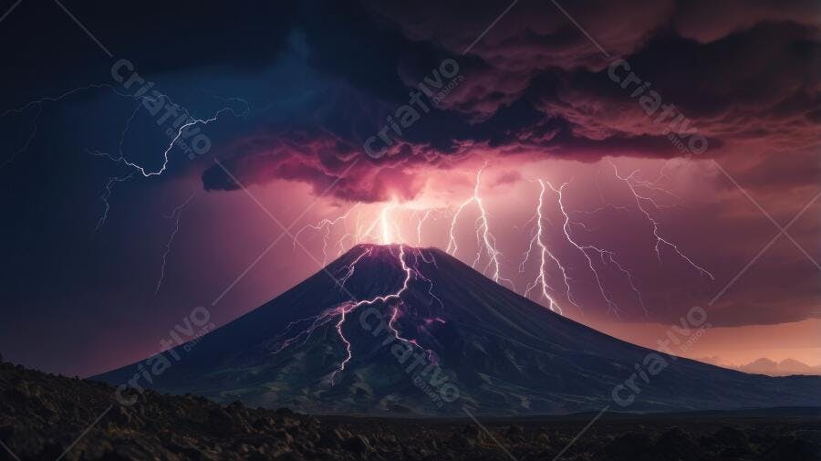 Foto Vulcão em Erupção com Raios Tempestade Noturna