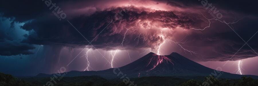 Foto Vulcão em Erupção Raios Tempestade Noturna