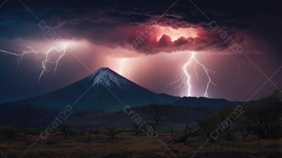 Foto Montanha Vulcão Neve Tempestade Raios Noturna