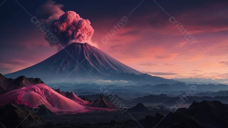 Foto Vulcão em Erupção Céu Rosa Pôr do Sol Paisagem Natural