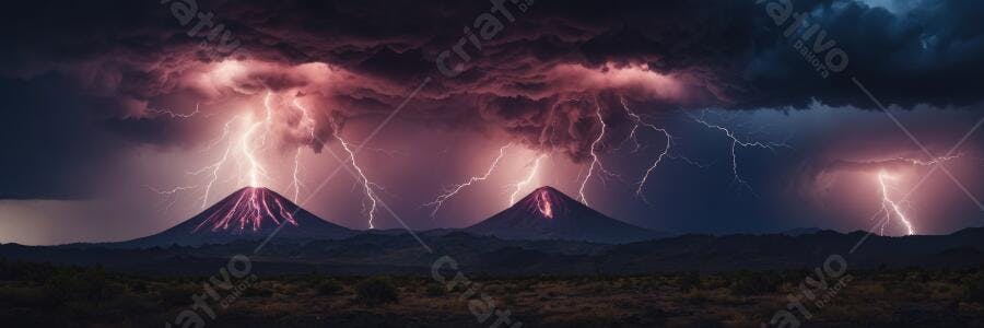 Foto Vulcões em Erupção com Raios e Tempestade Noturna