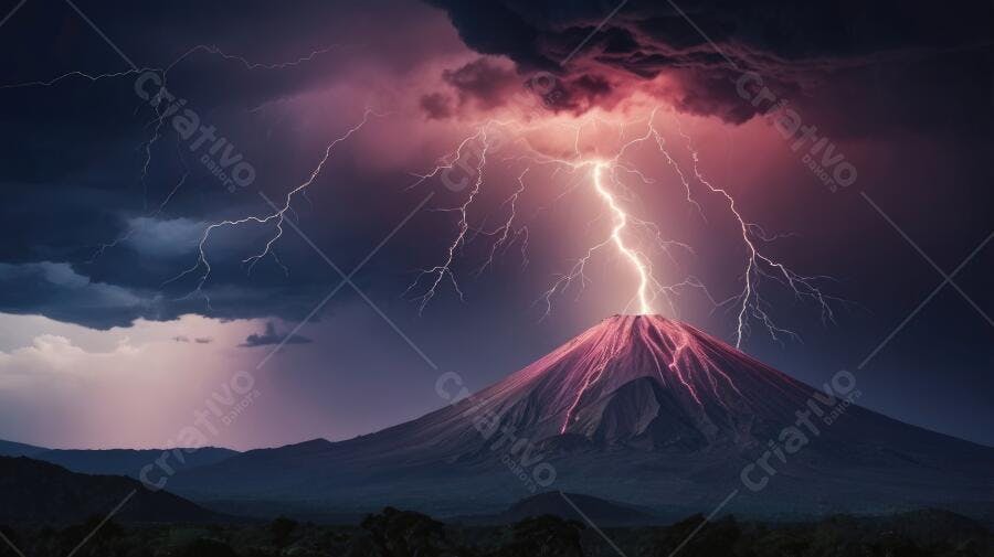 Foto Vulcão em Erupção com Raio Tempestade Noturna
