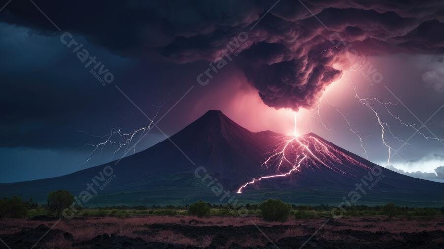 Foto Vulcão em Erupção com Raios e Nuvem de Tempestade