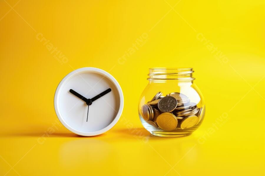 Foto Relógio e Pote de Moedas Fundo Amarelo Economia Tempo Dinheiro