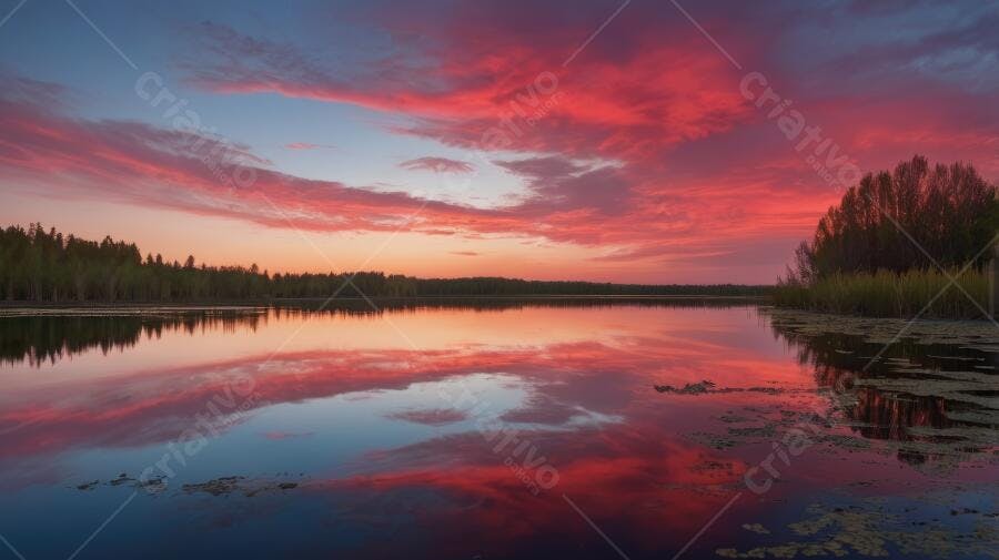Foto Pôr do Sol Lago Céu Vermelho Laranja Reflexo Água