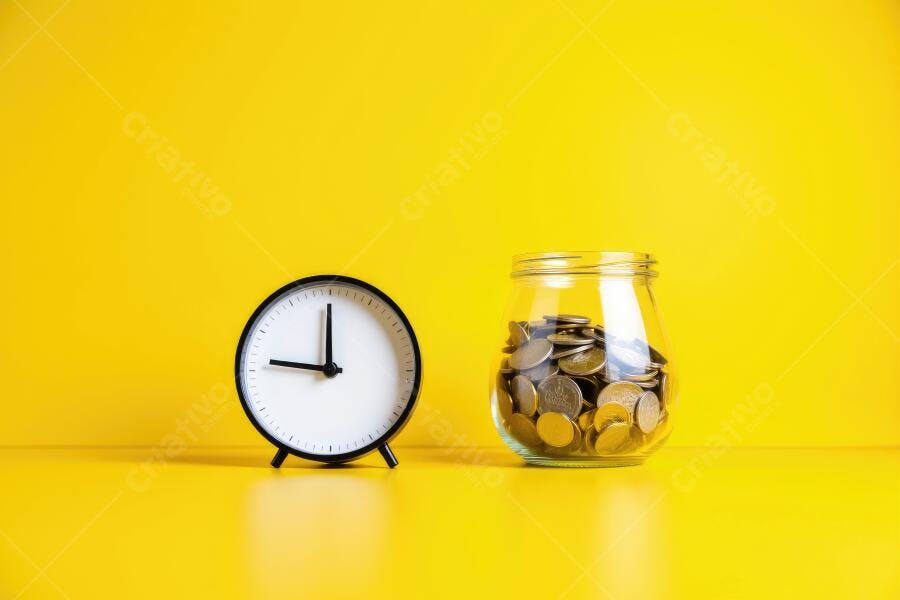 Foto Relógio e Pote com Moedas Fundo Amarelo Economia