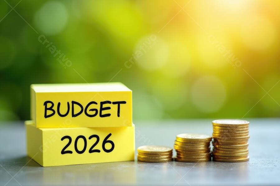 Foto Blocos Amarelos Budget 2026 Moedas Empilhadas Finanças