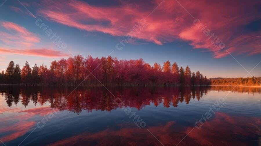 Foto Paisagem Lago Floresta Outono Céu Rosado Pôr do Sol