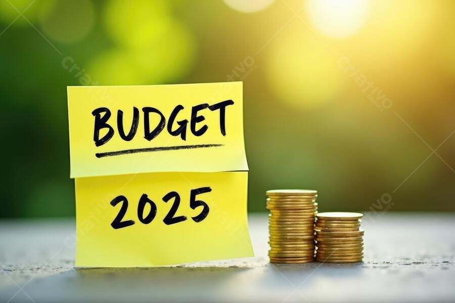 Foto Notas Post-it Budget 2025 Moedas Empilhadas Fundo Borrado