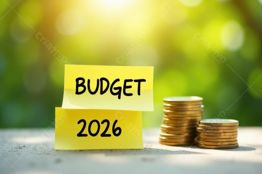Foto Notas Post-it Budget 2026 Moedas Empilhadas Fundo Verde