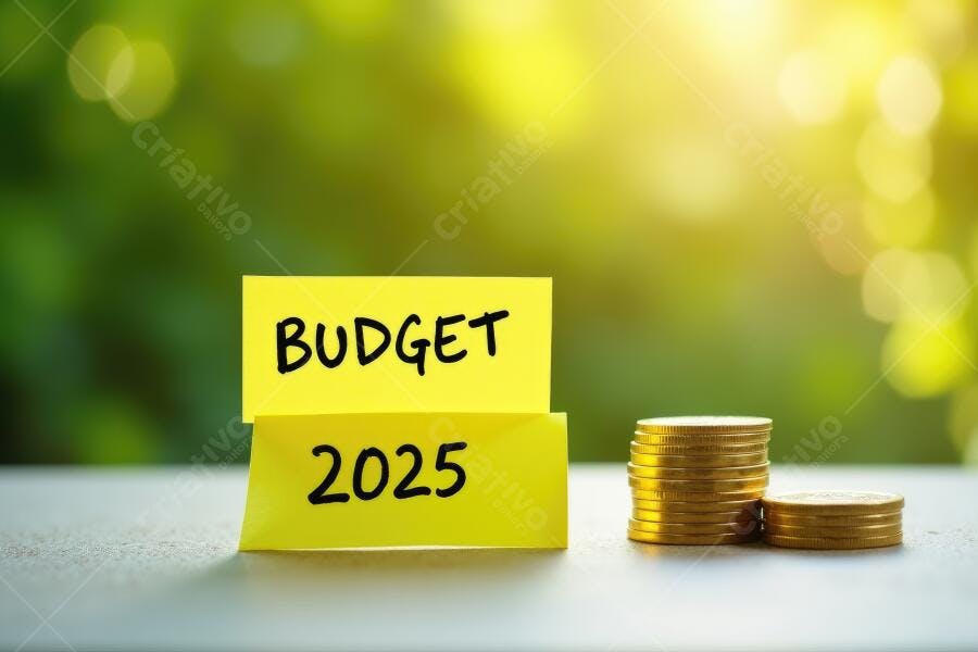 Foto Orçamento 2025 Notas Adesivas Moedas Fundo Verde