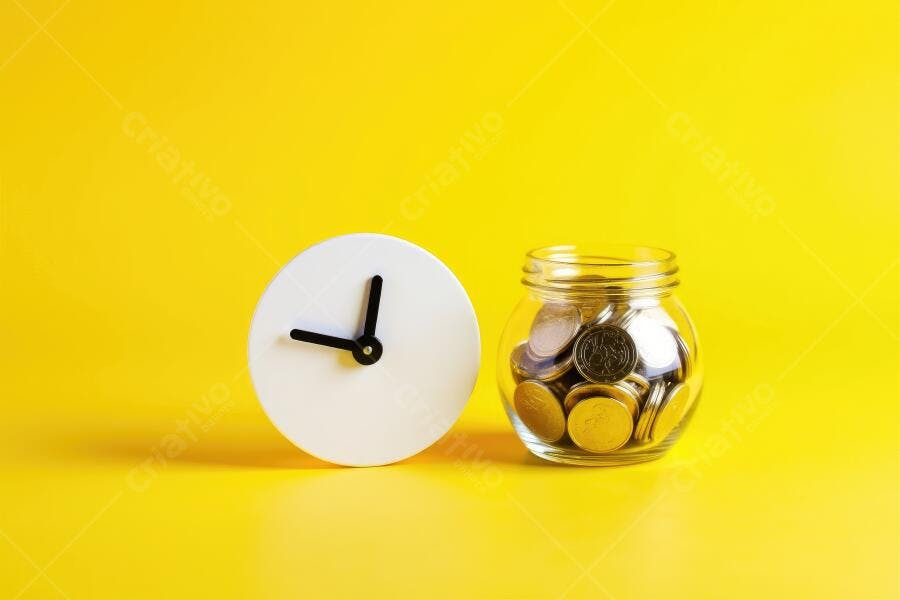 Foto Relógio e Pote de Moedas Economia Tempo Dinheiro