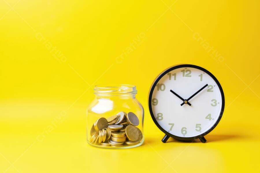Foto Pote de Moedas Relógio Fundo Amarelo Economia Tempo