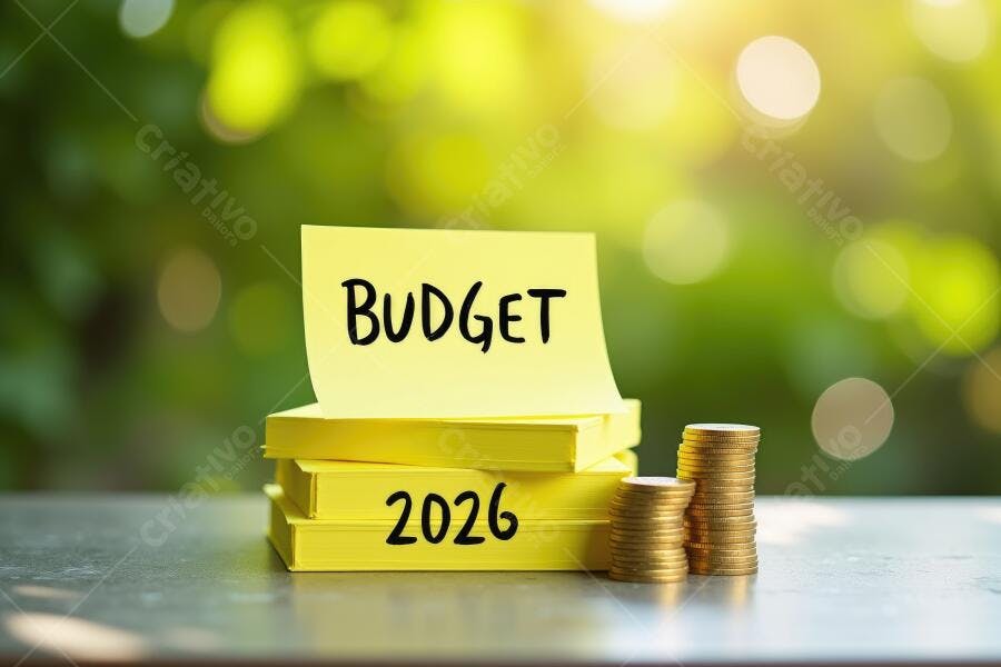 Foto Notas Post-it Amarelas Orçamento 2026 Moedas Empilhadas