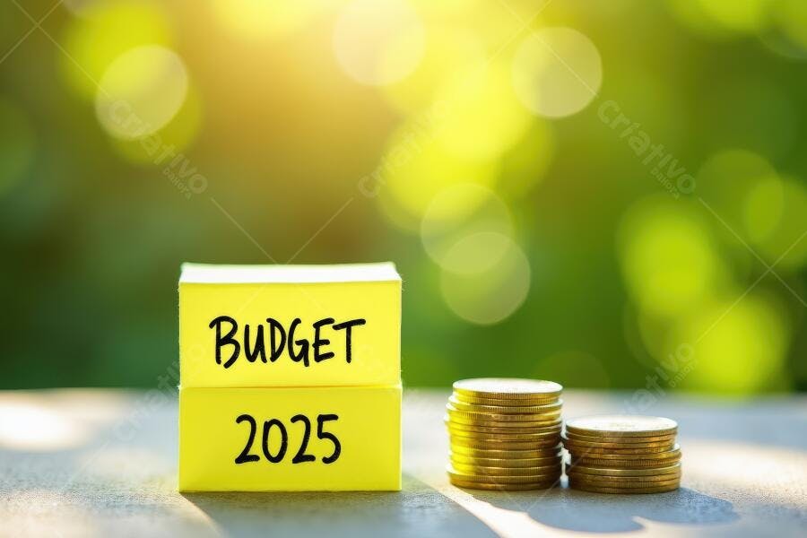 Foto Cubos de Papel Budget 2025 Moedas Douradas Planejamento Financeiro