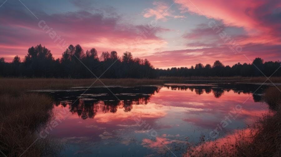 Foto Pôr do Sol Lago Reflexo Céu Rosa Roxo Natureza
