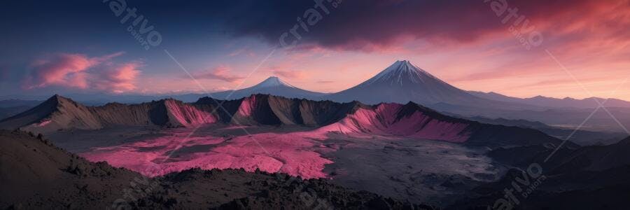 Foto Paisagem Montanhas Vulcão Neve Céu Rosa Pôr do Sol
