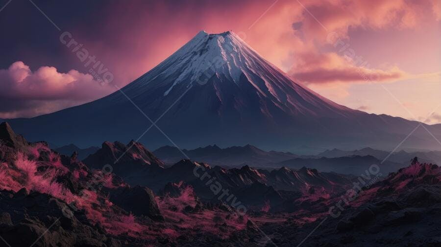 Foto Vulcão Monte Fuji Neve Pôr do Sol Céu Rosa Japão