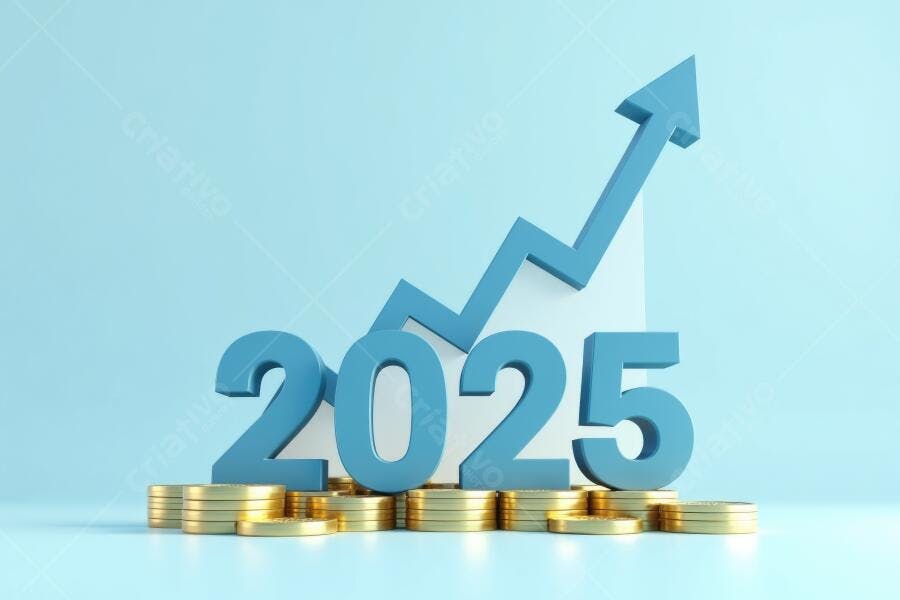 Foto 2025 Crescimento Financeiro com Moedas e Seta Azul