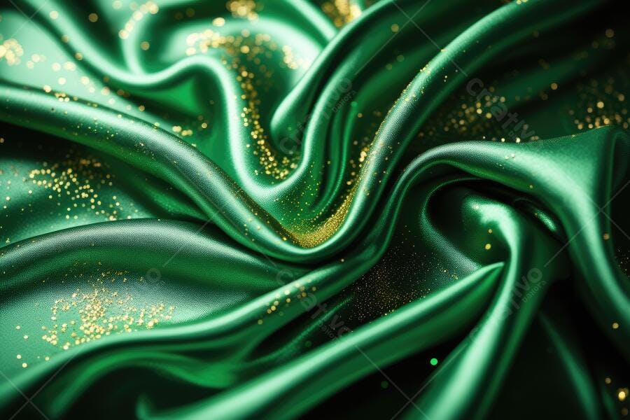 Foto Tecido Seda Verde Drapeado com Glitter Dourado Textura