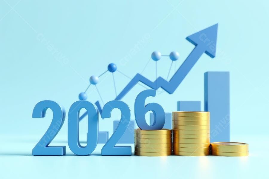 Foto 2026 Crescimento Financeiro Gráfico de Barras e Moedas