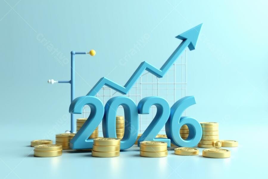 Foto 2026 Crescimento Financeiro Gráfico de Seta e Moedas