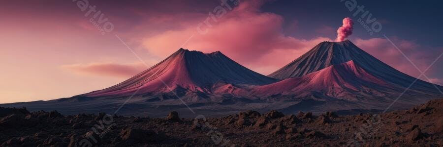 Foto Vulcão Ativo Fumaça Rosa Céu Crepúsculo Montanhas