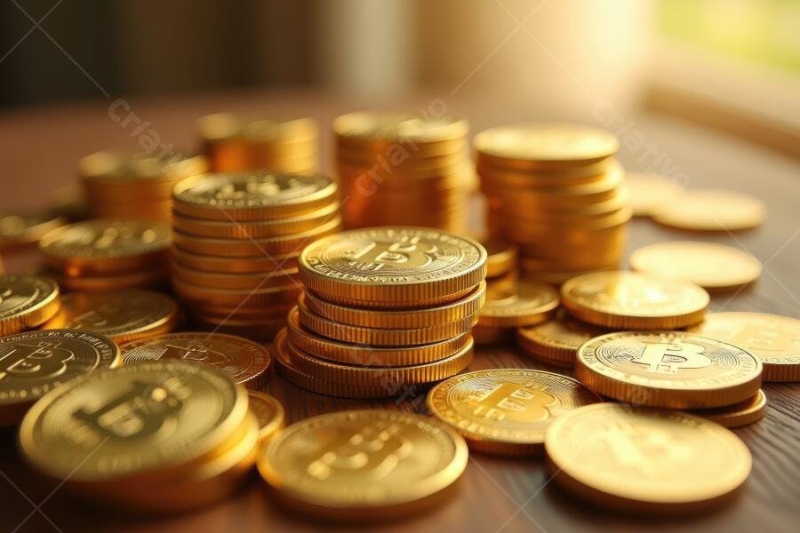Foto Moedas Bitcoin Empilhadas Mesa Madeira Fundo Desfocado