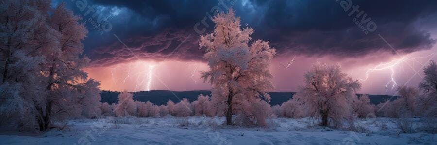 Foto Paisagem Inverno Neve Tempestade Raios Céu Escuro