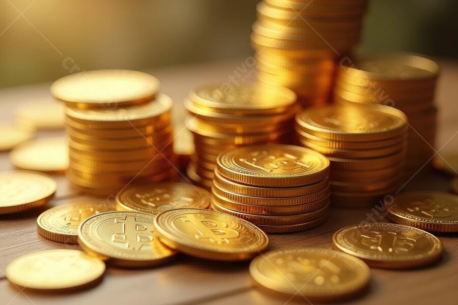 Foto Moedas de Bitcoin Empilhadas Mesa de Madeira