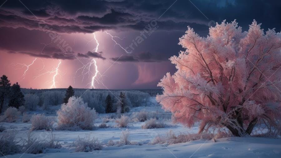 Foto Paisagem Inverno Neve Árvore Rosa Raios Tempestade