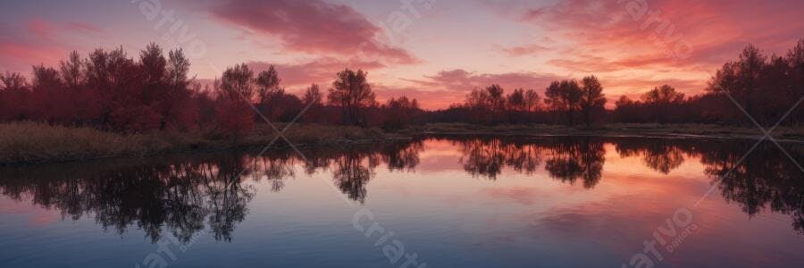 Foto Pôr do Sol Lago Panorâmico Reflexo Árvores Céu Rosa