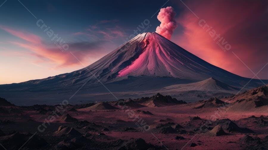 Foto Vulcão em Erupção Céu Crepúsculo Rosa e Roxo