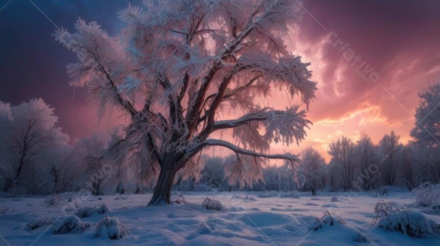 Foto Árvore Congelada Neve Inverno Céu Rosa Pôr do Sol