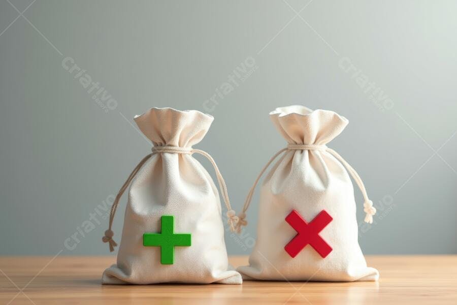 Foto Sacos de Dinheiro Símbolos Mais e Menos Escolha Financeira