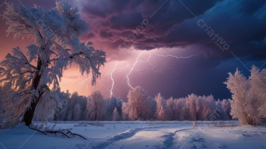Foto Paisagem Inverno Neve Tempestade Raios Céu Noturno