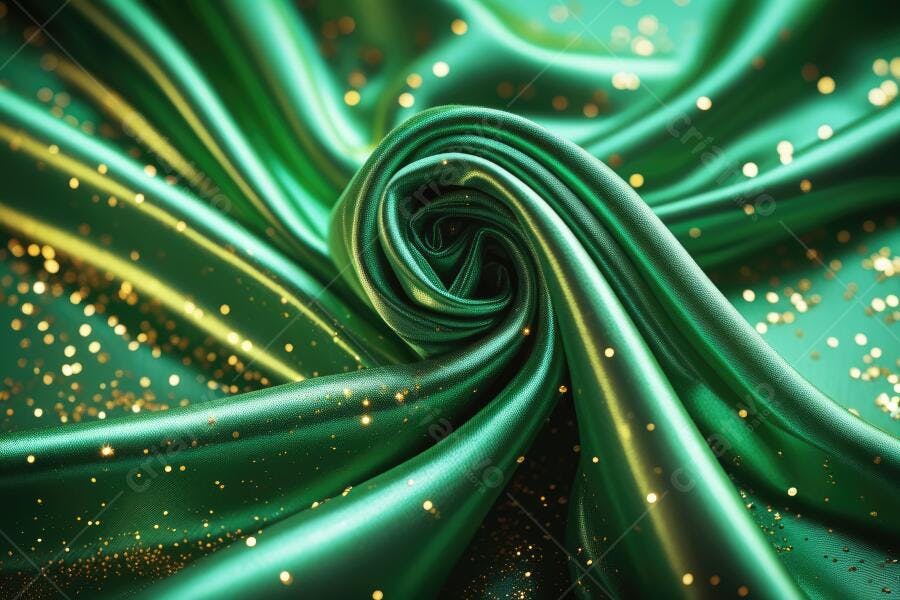 Foto Tecido Seda Verde Ondulado Brilhos Dourados Abstrato